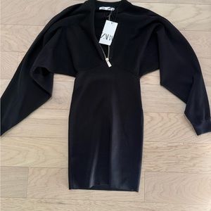 Zara Black Mini Dress with Gold Zipper Neckline